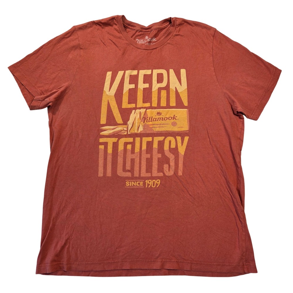 Tillamook Keepin It Cheesy Graphic T-Shirt Mens 2XL Rust Red Cotton Symmetree